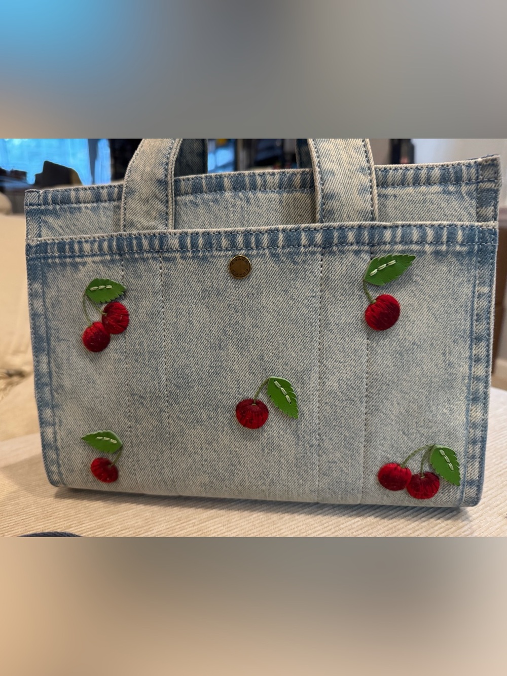 Coach Denim Cherry Embroidered Mini Tote - Light Blue with Red & Green Accents - Picture 5 of 8